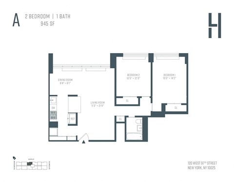 Floor plan for 2 beds, 1 bath, 1141 sqft